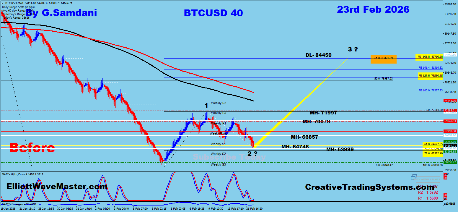 Elliott Wave Analysis Of Gold and Bitcoin’s Monthly, Weekly, Daily, H4 and Renko Charts. 02-23-26.